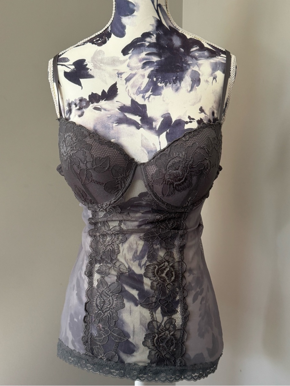 Y2K Native Intimates Lace Trim Sheer Camisole Slip in Gray